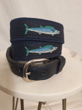 Zeppelin USA Canvas Web Fish Belt 38 Navy Blue Leather Brass